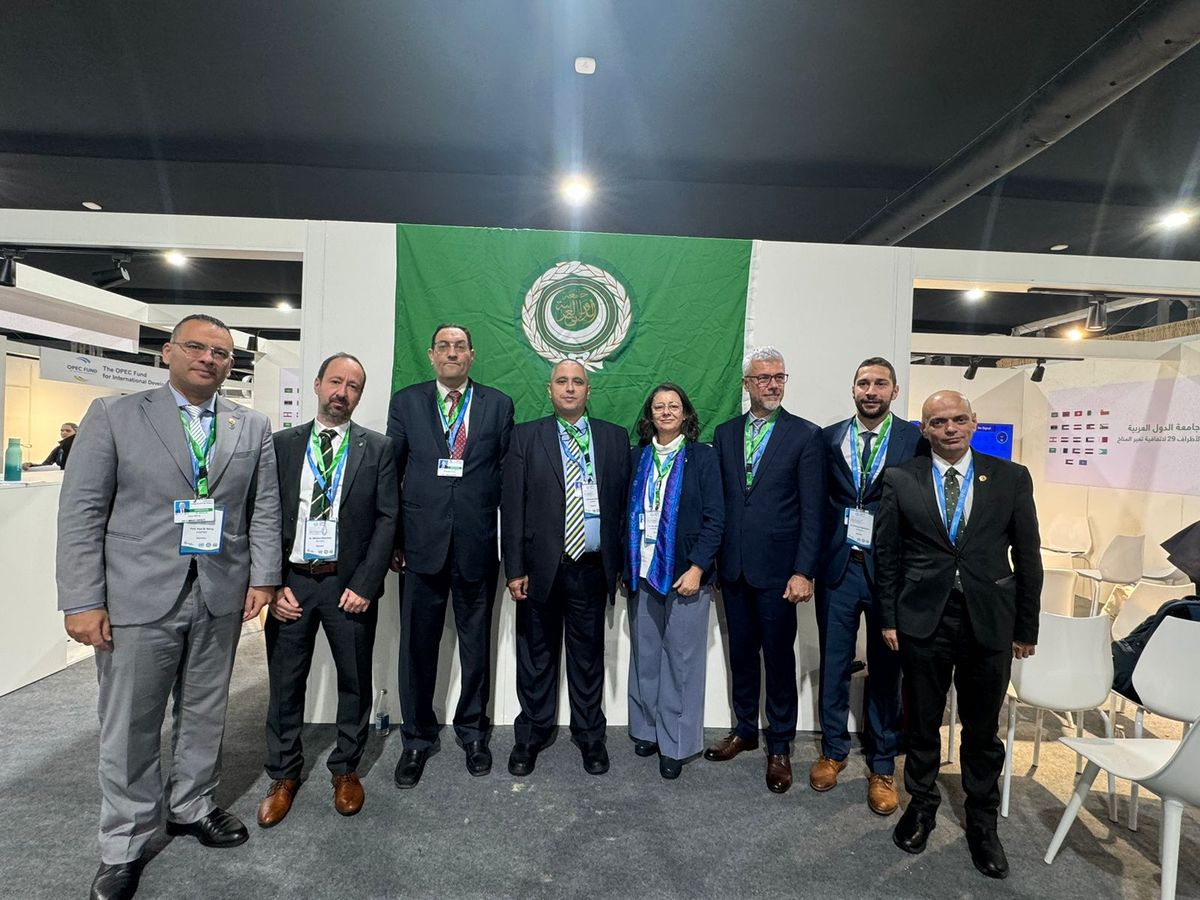 Speakers at the COP29 maritime session in front of the Arab League flag
