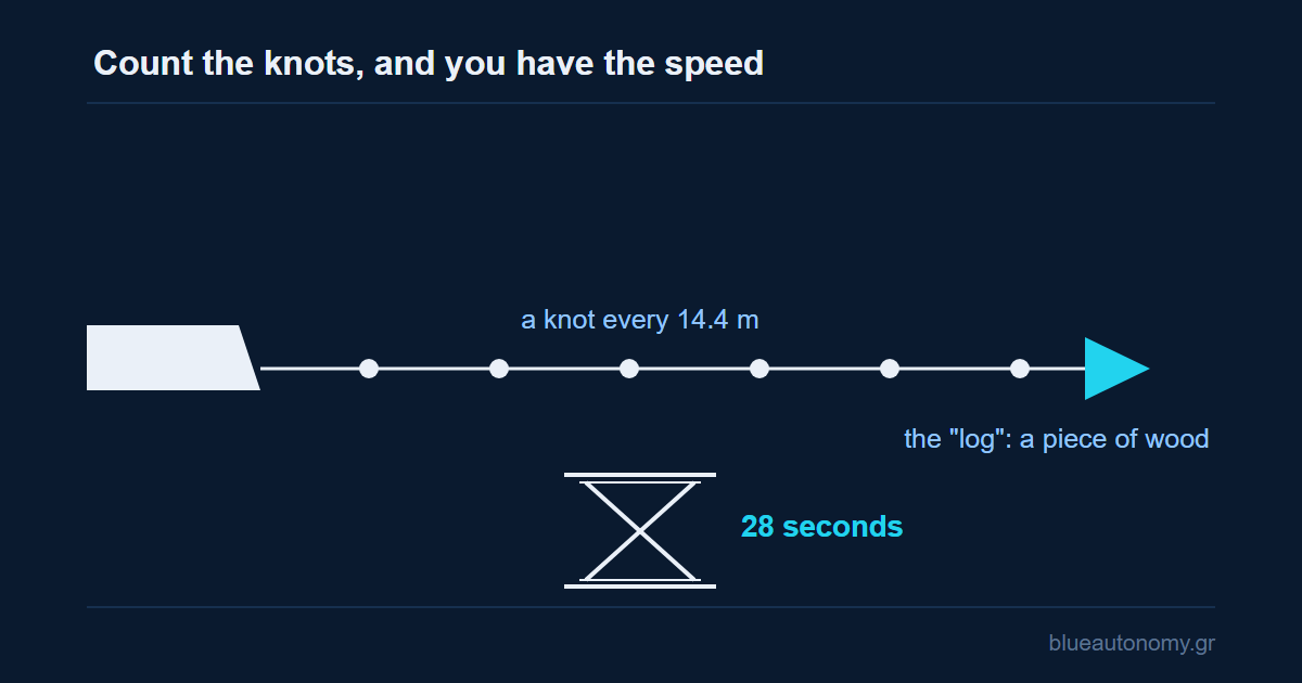 A piece of wood behind the ship, a rope knotted every 14.4 metres, and a 28-second hourglass. Count the knots and you have the speed